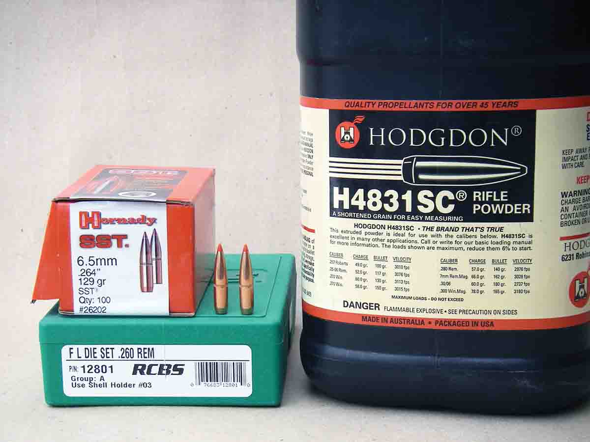 Hodgdon H-4831 powder will provide top velocities with Hornady 129-grain bullets in the .260 Remington.